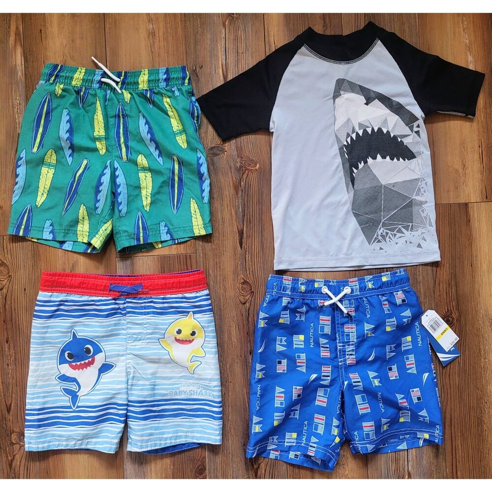 Boys Size 5T and 5 Swim Lot - 4 Pieces with Trunks and Rash Guard Shorts Shirt